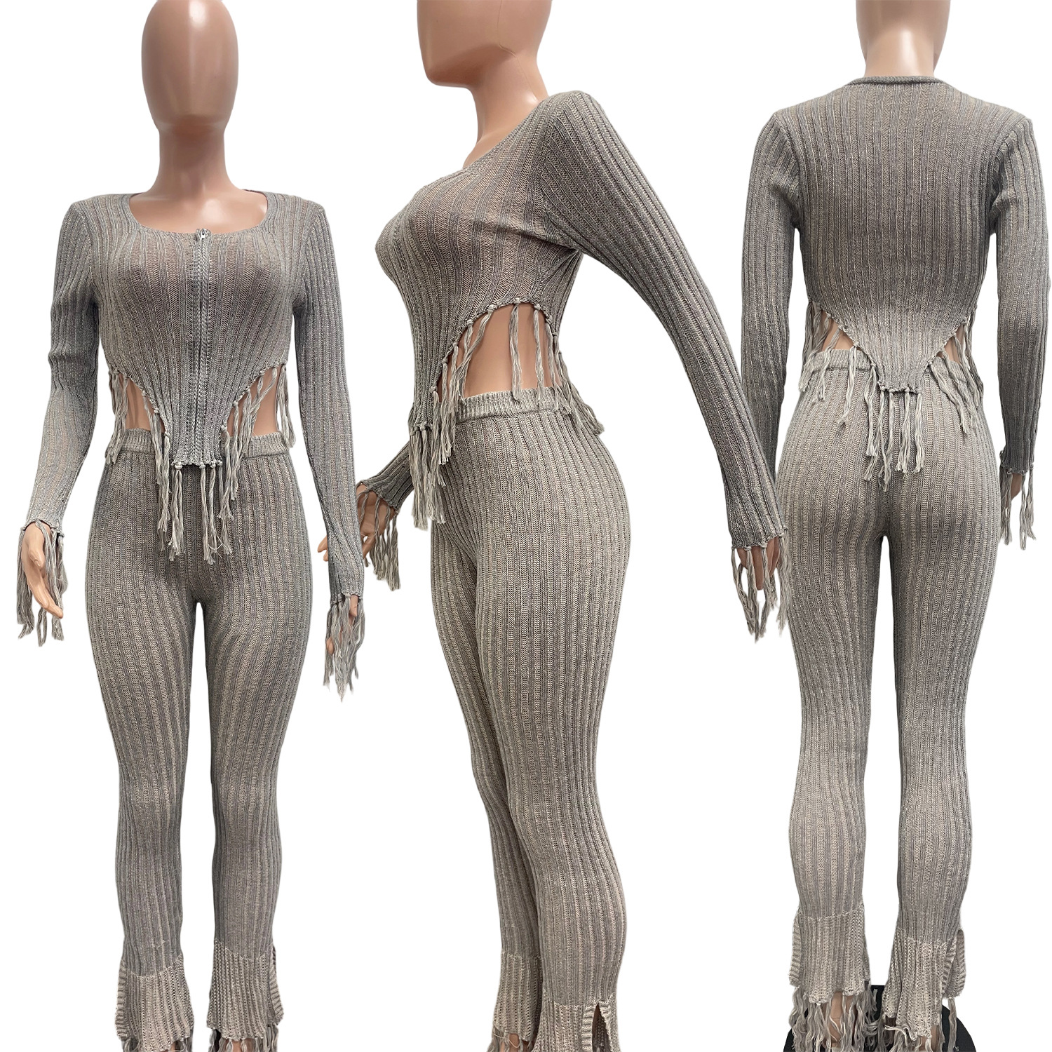 Women sexy knitting crochet casual top and pant set