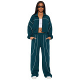 Women Casual Striped Color-Blocked Stand Collar Top and Pant Two-Piece Set