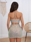 Women Halter Neck sequined sexy sleeveless top and skirt set