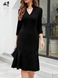 Women Spring/Autumn Long-Sleeve Fishtail Solid Maxi Dress