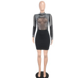 Women mesh rhinestone sexy bodycon dress Women Slash Shoulder Mesh Hollow-out Sequin Dress