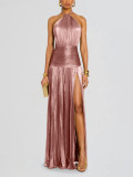 Women's Lace-up Halter-Neck Sleeveless Low-Back Slit Pleated Evening Dress