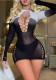 Women Multi-Color Gradient White Hollow-Out Sexy Mesh Top with Open Crotch and Spaghetti Straps Lingerie