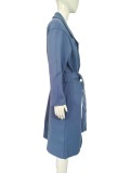 Women Autumn/Winter Blue Waist Maxi Wool Coat