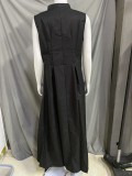 High-Waist Solid Color Sleeveless Zip-Up Dress Elegant Career-Chic Gown