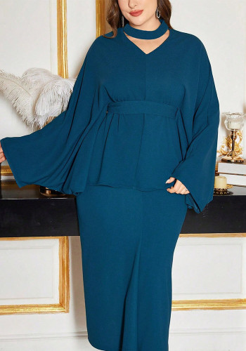 Plus Size Women's Bat Sleeves Solid Color Skirt Set