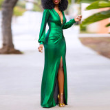 Women's Sexy Slim Deep V-Neck Pleated Slit Dress