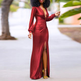 Women's Sexy Slim Deep V-Neck Pleated Slit Dress