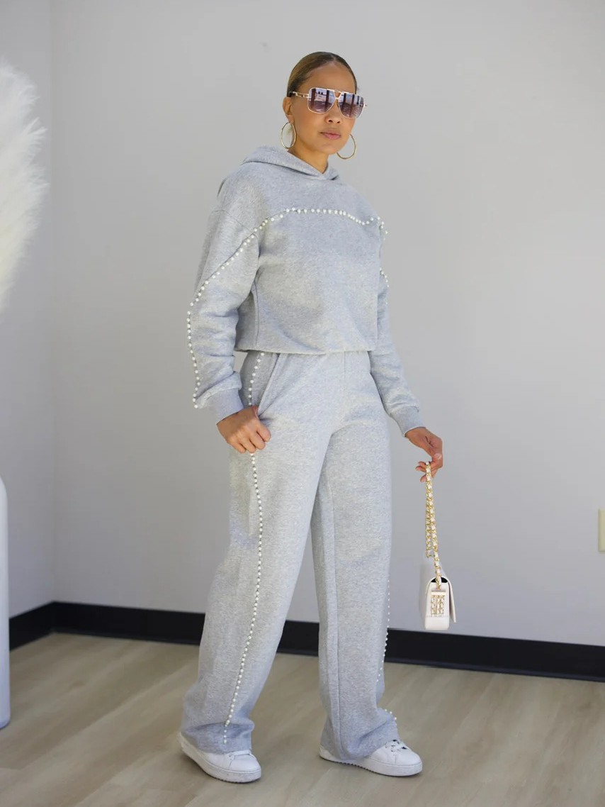 Women's Winter Beaded Hooded Hoodies Sweatpants Two-Piece Casual Sportswear Set