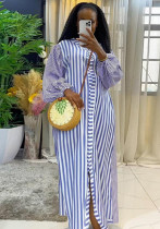 Women's Autumn Stripes V-Neck Lantern Sleeve Single Button Straight Dress