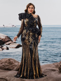 Women's Long Sleeve Sequins Embroidery Mermaid Formal Elegant Luxury Beaded Gown