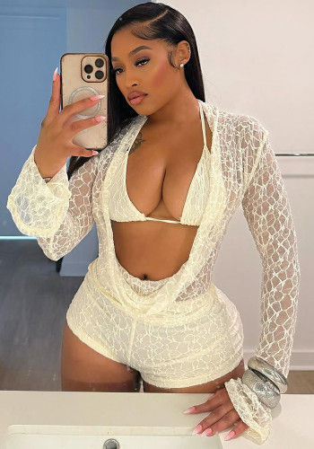 Women's Autumn Sexy Lace Cut-Out Long Sleeve Halter Neck Three-Piece Shorts Set