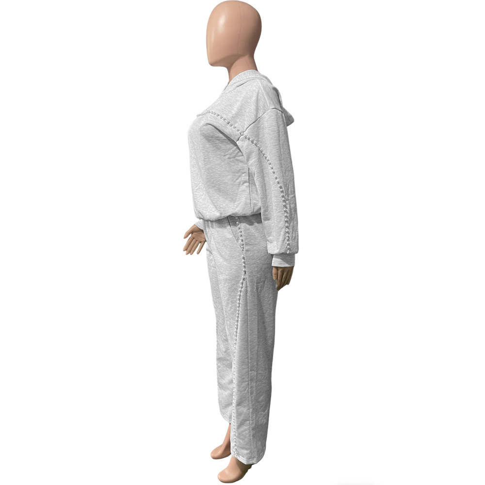 Women's Winter Beaded Hooded Hoodies Sweatpants Two-Piece Casual Sportswear Set