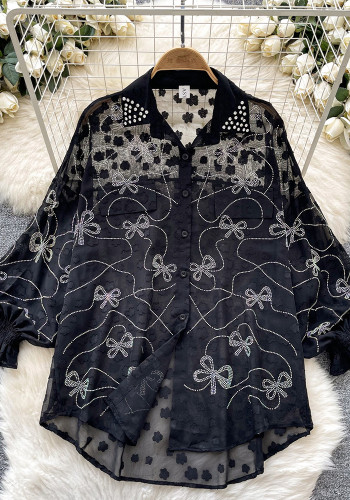 Women's Fashion Butterfly Beaded Thin Loose Chiffon Shirt