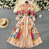 Women's Spring Retro Elegant Print High Neck Lantern Sleeve Holidays Dress
