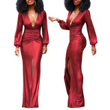Women's Sexy Slim Deep V-Neck Pleated Slit Dress