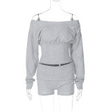 Women's Autumn Winter Off Shoulder Lace-Up Cropped Top Shorts Two-Piece Set