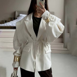 Women's Autumn Winter Fashion Slim Waist Tie Belt Loose V-Neck Coat Outerwear