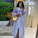 Women's Autumn Stripes V-Neck Lantern Sleeve Single Button Straight Dress