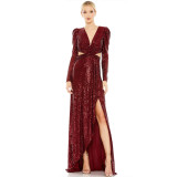 Women's Sequins Long Sleeve Deep V Open Waist Formal Party Gown