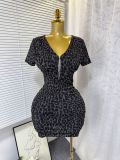 Women's Summer Sexy V-Neck Zipper Stretch Mesh Leopard Print Bodycon Dress