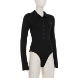 Women's Autumn Winter Long Sleeve Tight Fitting Turndown Collar Solid Color Slit Flared Sleeve Bodysuit