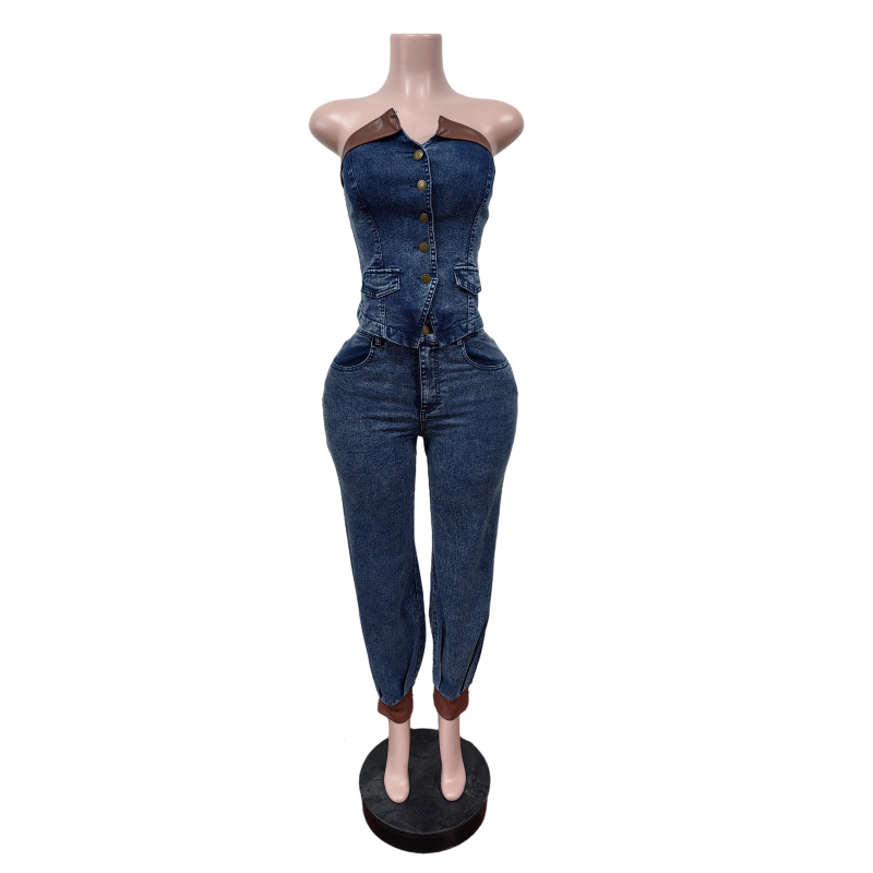 Women's Strapless Denim TTop Stretch Pants Casual Set