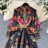 Women's Spring Retro Elegant Print High Neck Lantern Sleeve Holidays Dress