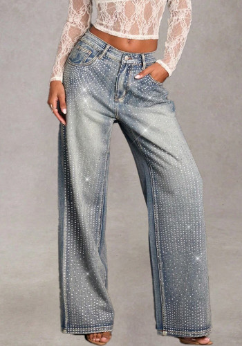 Women's Straight Denim Mid Waist Stretch Rhinestone Casual Pants