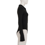 Women's Autumn Winter Long Sleeve Tight Fitting Turndown Collar Solid Color Slit Flared Sleeve Bodysuit