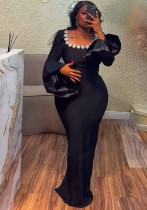 Women's Bell Bottom Long Sleeve Diamond Square Neck Bodycon Bandage Gown