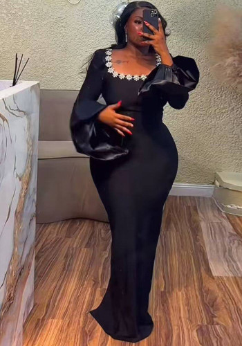Women's Bell Bottom Long Sleeve Diamond Square Neck Bodycon Bandage Gown