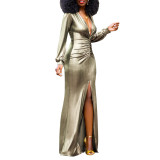 Women's Sexy Slim Deep V-Neck Pleated Slit Dress