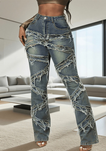 Women's Multi-Process Stripes Blue Denim Pants