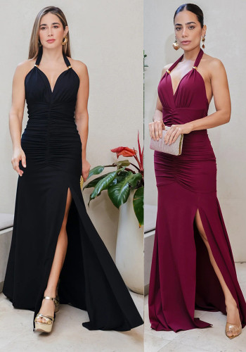Women's Fashion Elegant Solid Color Sexy V-Neck Slit Dress