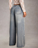 Women's Straight Denim Mid Waist Stretch Rhinestone Casual Pants