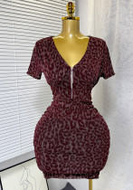 Women's Summer Sexy V-Neck Zipper Stretch Mesh Leopard Print Bodycon Dress