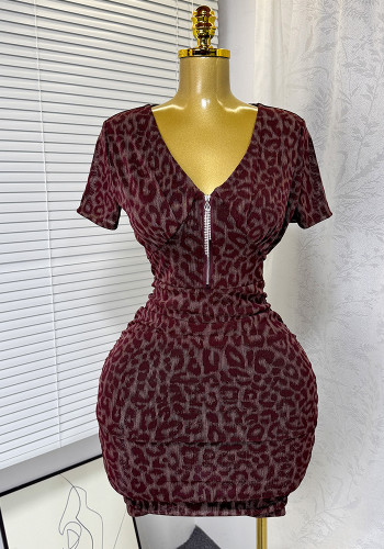 Women's Summer Sexy V-Neck Zipper Stretch Mesh Leopard Print Bodycon Dress