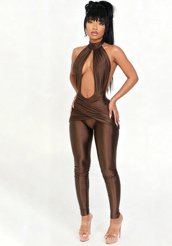 Women's Autumn Halter Neck High Neck Cut-Out Low Back Sexy Jumpsuit