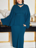 Plus Size Women's Bat Sleeves Solid Color Skirt Set