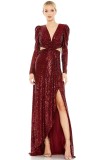 Women's Sequins Long Sleeve Deep V Open Waist Formal Party Gown