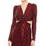 Women's Sequins Long Sleeve Deep V Open Waist Formal Party Gown