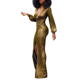 Women's Sexy Slim Deep V-Neck Pleated Slit Dress