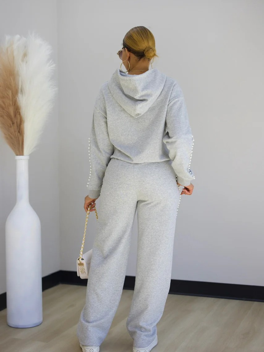 Women's Winter Beaded Hooded Hoodies Sweatpants Two-Piece Casual Sportswear Set