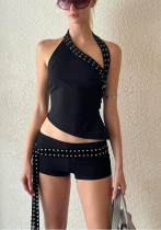Women's Summer Rivet Slash Shoulder Shorts Set