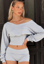 Women's Autumn Winter Off Shoulder Lace-Up Cropped Top Shorts Two-Piece Set