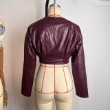 Women's Autumn Winter Fashion Slim Waist Crop Pu Leather Casual Jacket
