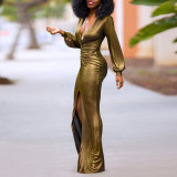 Women's Sexy Slim Deep V-Neck Pleated Slit Dress