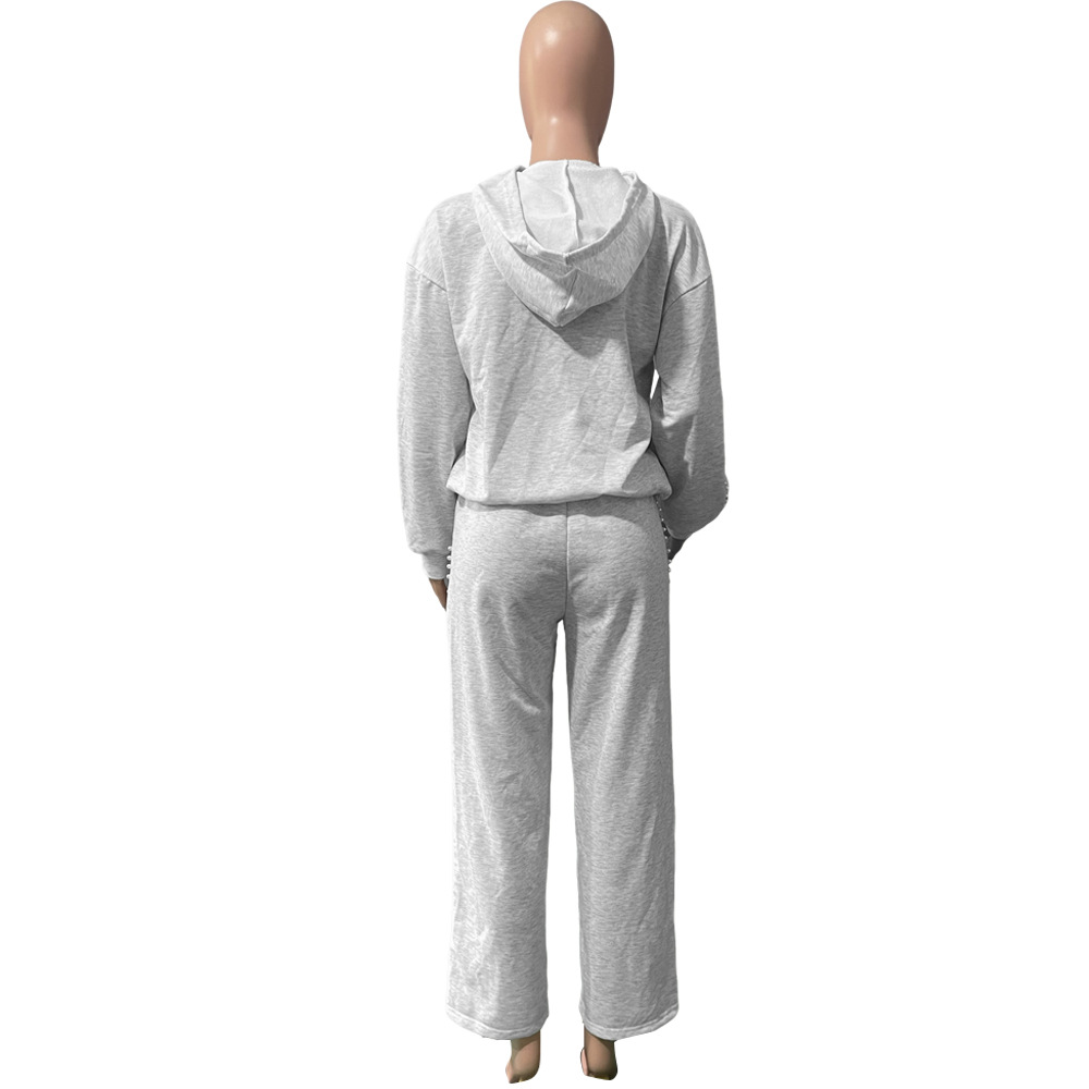 Women's Winter Beaded Hooded Hoodies Sweatpants Two-Piece Casual Sportswear Set