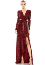 Women's Sequins Long Sleeve Deep V Open Waist Formal Party Gown